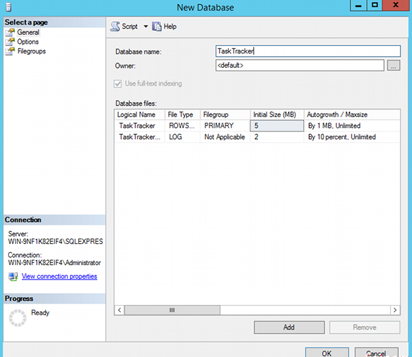 Create a database in SQL Server 2014 - step 2