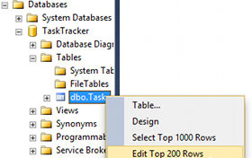 Screenshot of editing the top 200 rows of a table in SSMS