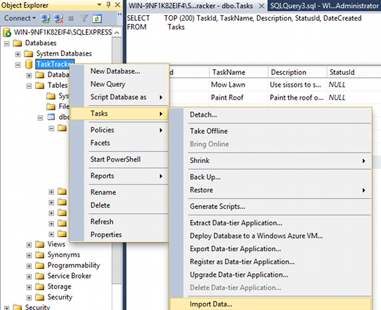 Screenshot of selecting the Import Data option