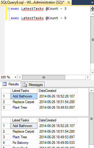 Screenshot of stored procedure being executed