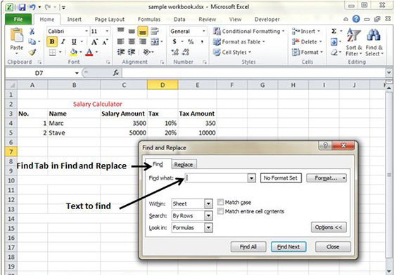 Find Tab in Excel