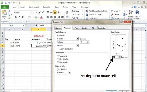 Rotate cell from Formatting cells