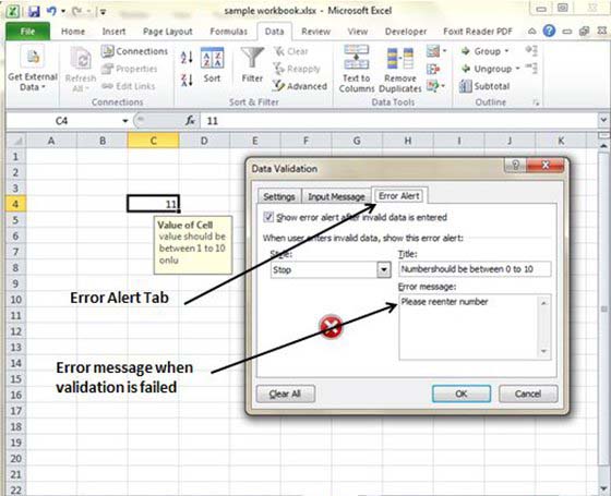 Data Validation error alert Tab