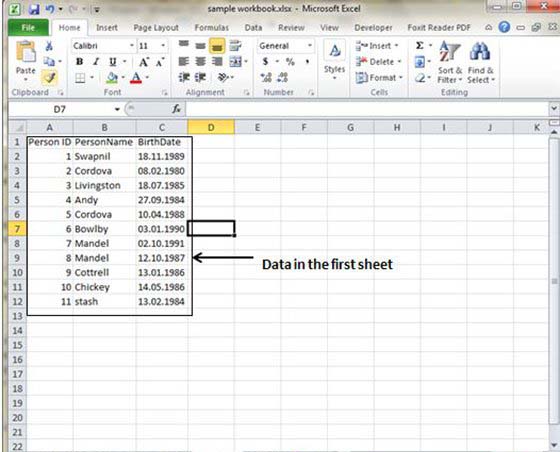 Data in First Sheet