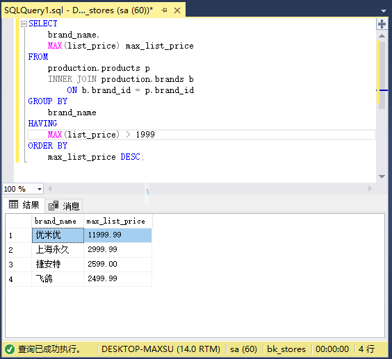MAX()带有HAVING子句示例