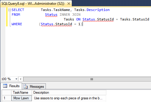 Screenshot of query results