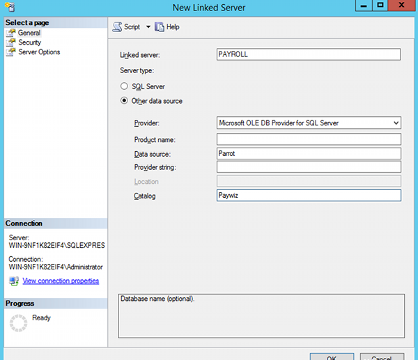 Creating a linked server in SQL Server Management Studio - 2