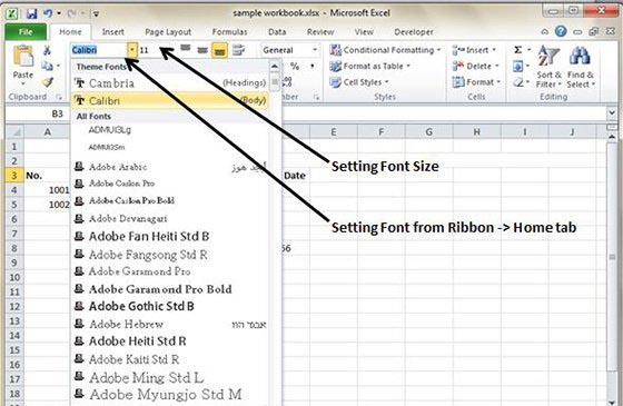 Set Font from Home Tab