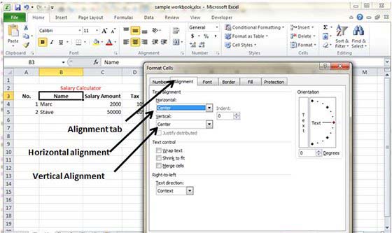 Change alignment from Format cells